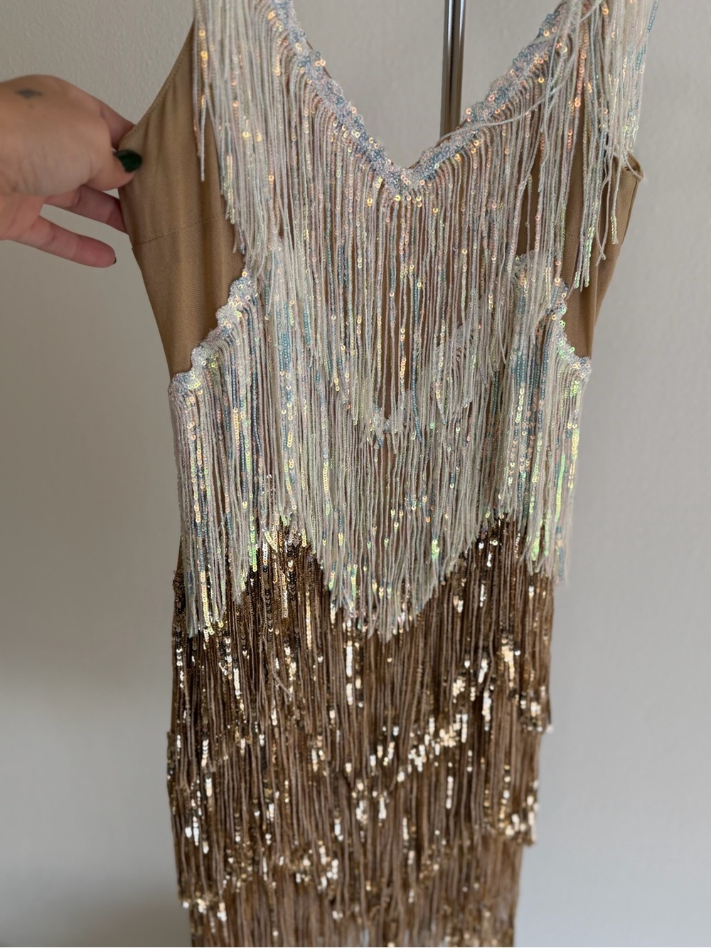 Fringed Sequin Mini Dress in Gold and Cream